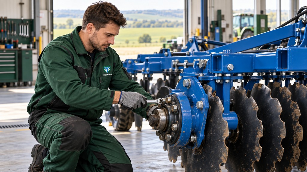 Tehnician Terramax efectuând lucrări de service la un utilaj agricol