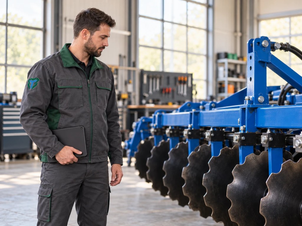 Tehnician Terramax efectuând lucrări de service la un utilaj agricol